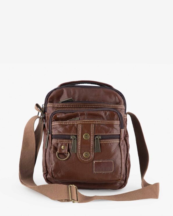 کیف چرم مردانه دوشی قهوه ای - قهوه ای - رو به رو