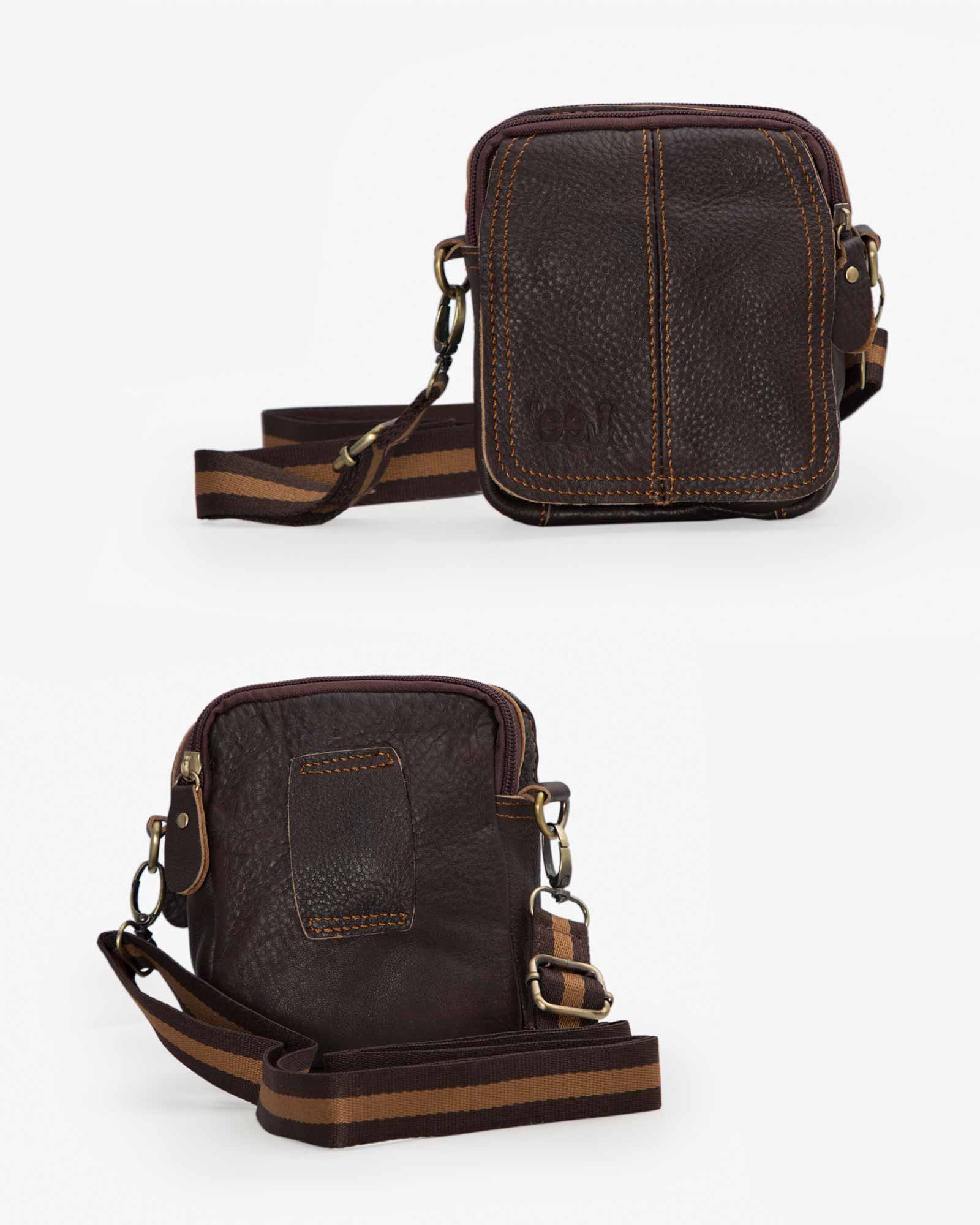 کیف چرم مردانه کمری قهوه ای - قهوه ای تیره - جلو پشت