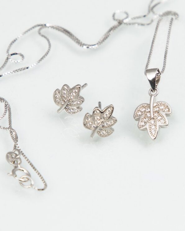 نیم ست نقره طرح برگ - نقره ای - زنجیر نقره