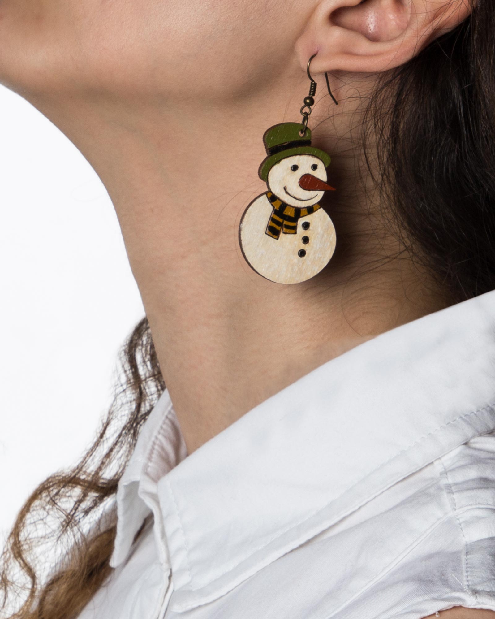 گوشواره چوبی طرح آدم برفی - سفید - آدم برفی