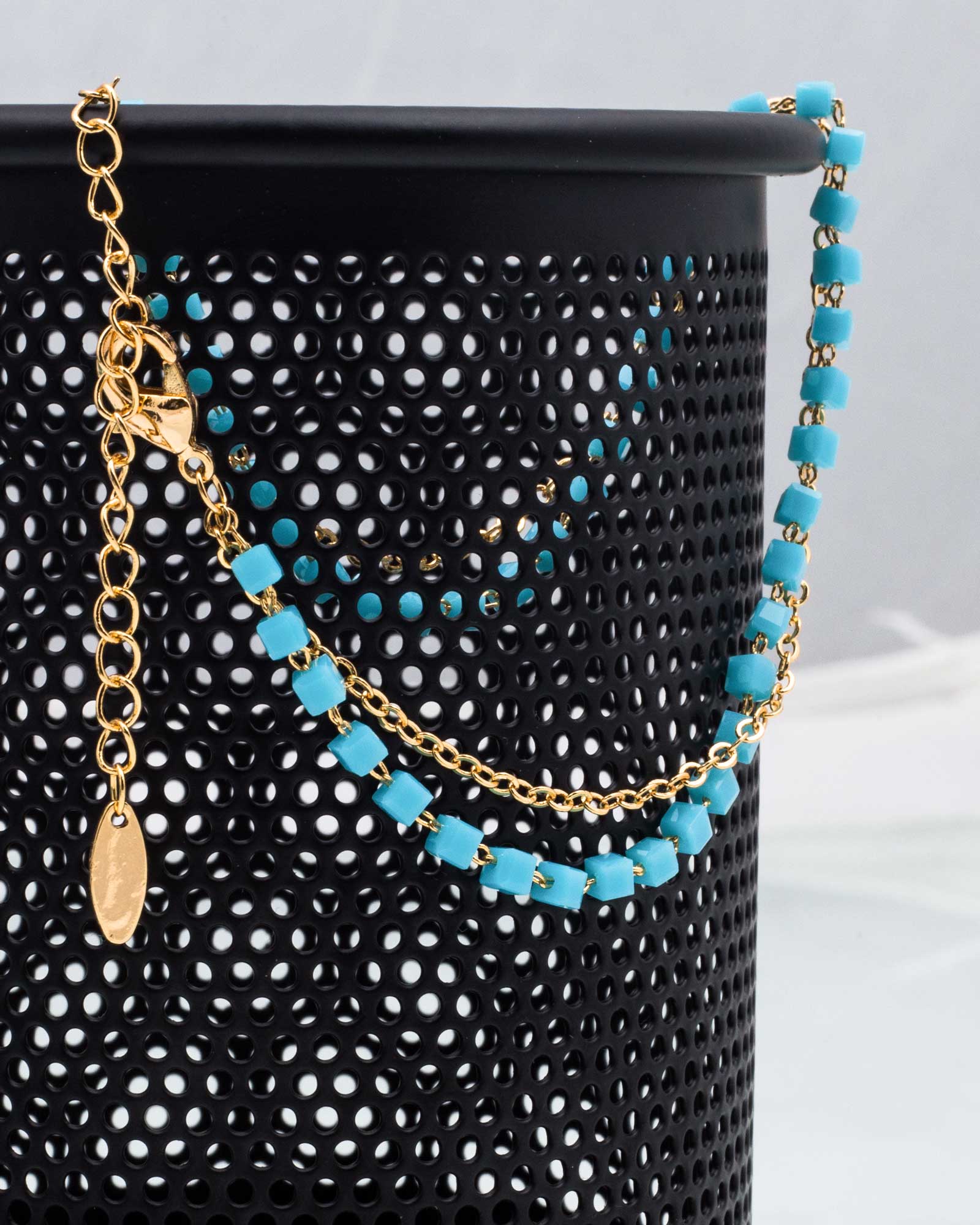 پابند دو زنجیره مهره دار - آبی فیروزه ای - قفل و زنجیر