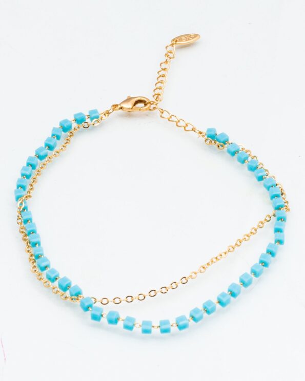 پابند دو زنجیره مهره دار - آبی فیروزه ای - پابند زنانه