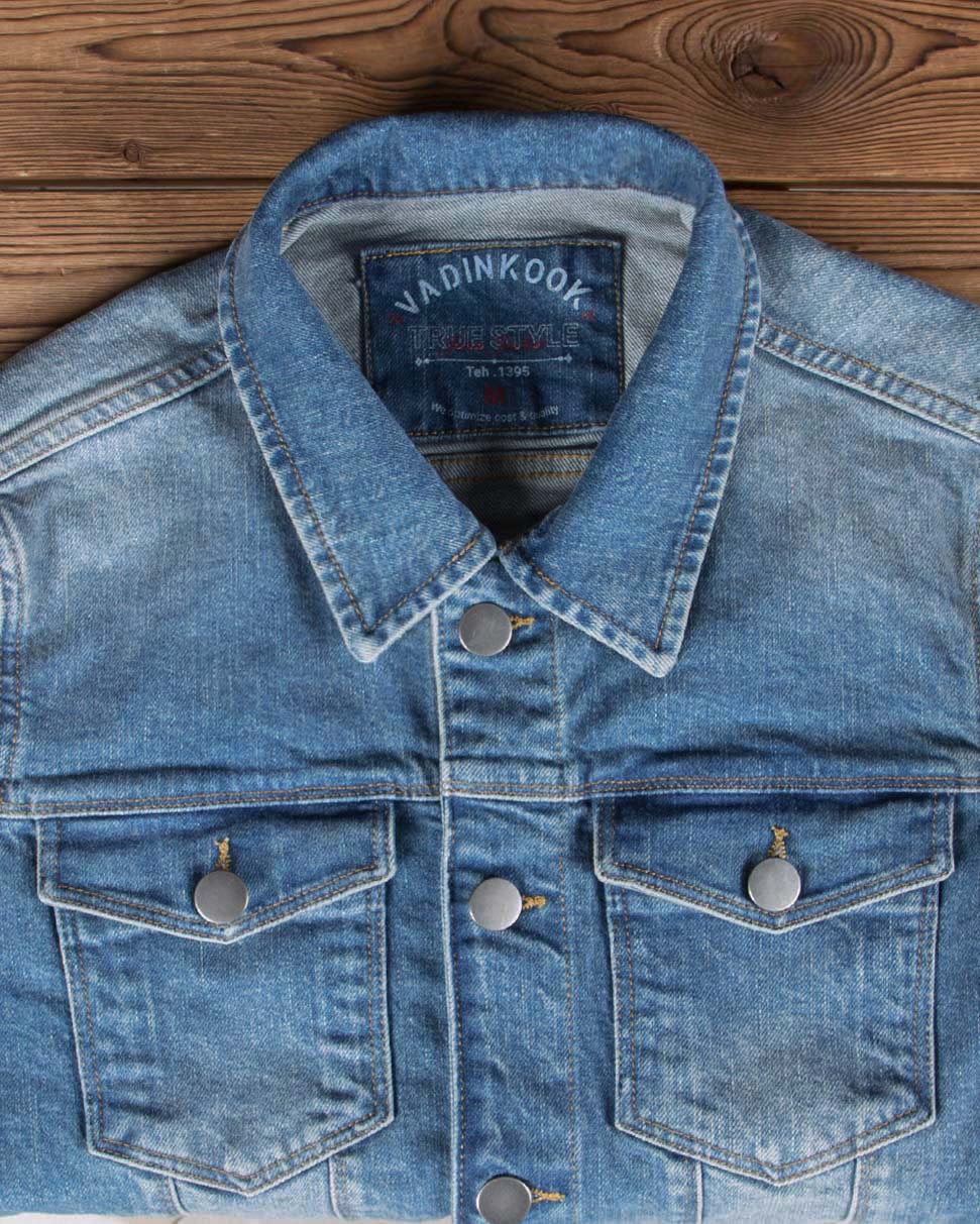 کت جین مردانه اسپرت ساده- آبی روشن - یقه مردانه وادین کوک