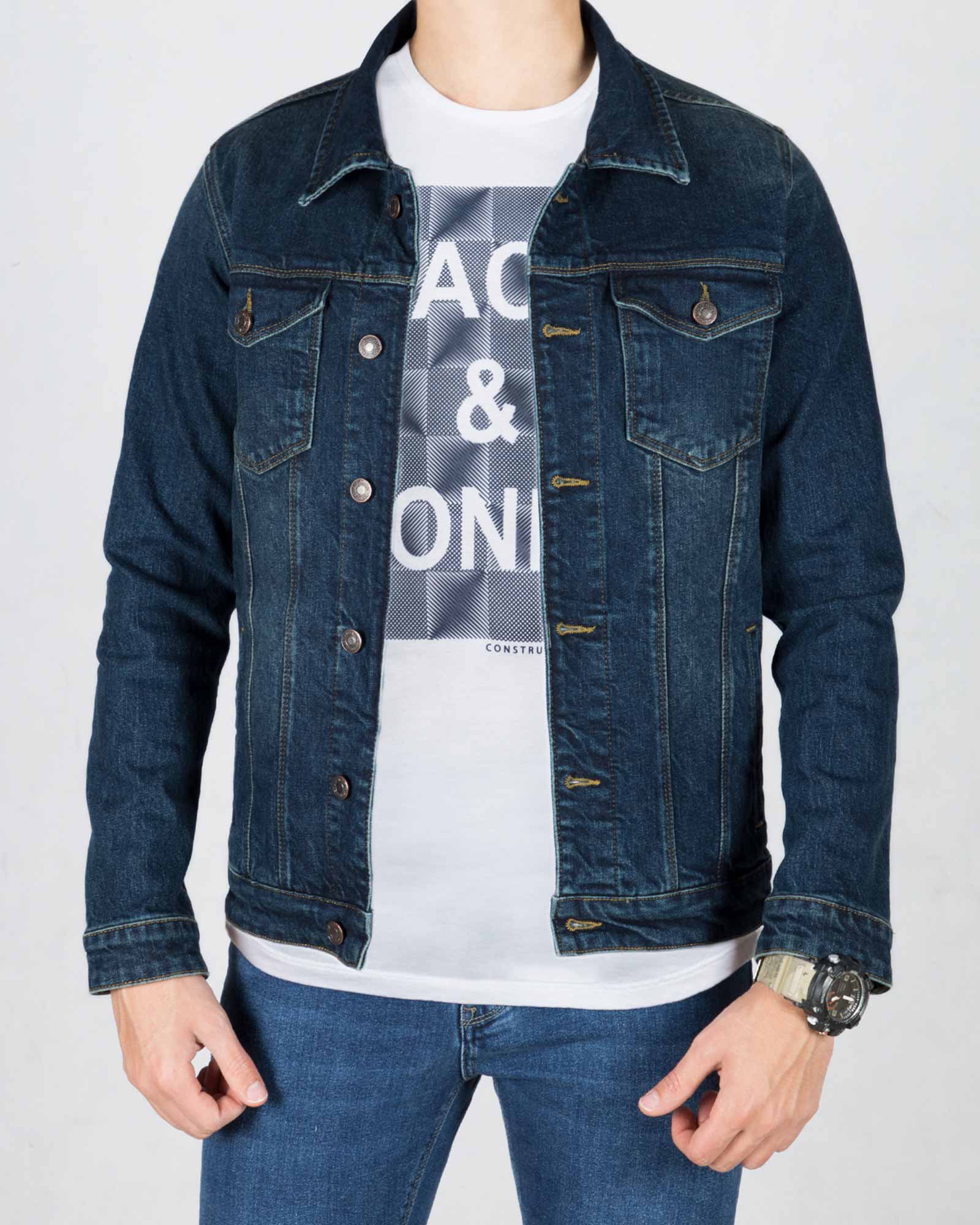 کت جین مردانه آستین بلند- سرمه ای تیره- جلو باز