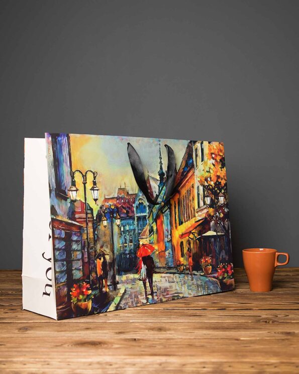 پاکت کادویی بزرگ طرح نقاشی آبرنگ - چند رنگ - دسته دار