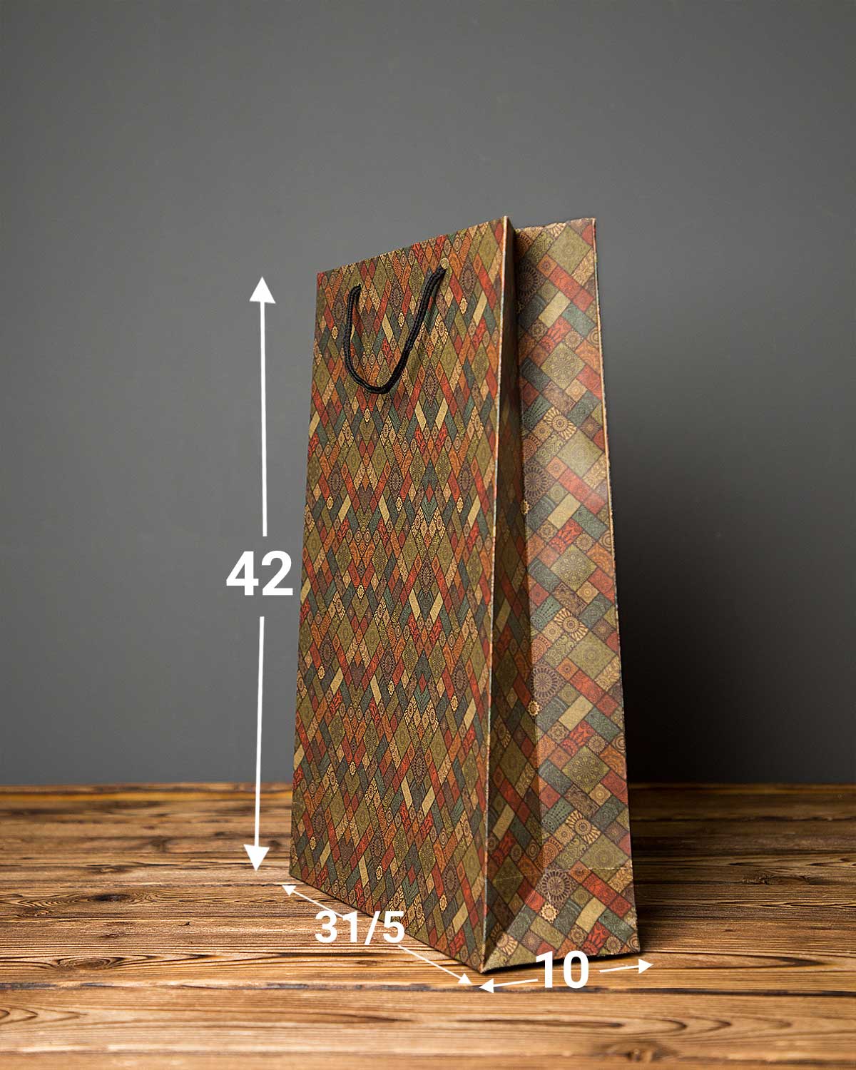 پاکت کادویی بزرگ طرح‌دار لوزی - زیتونی - ابعاد