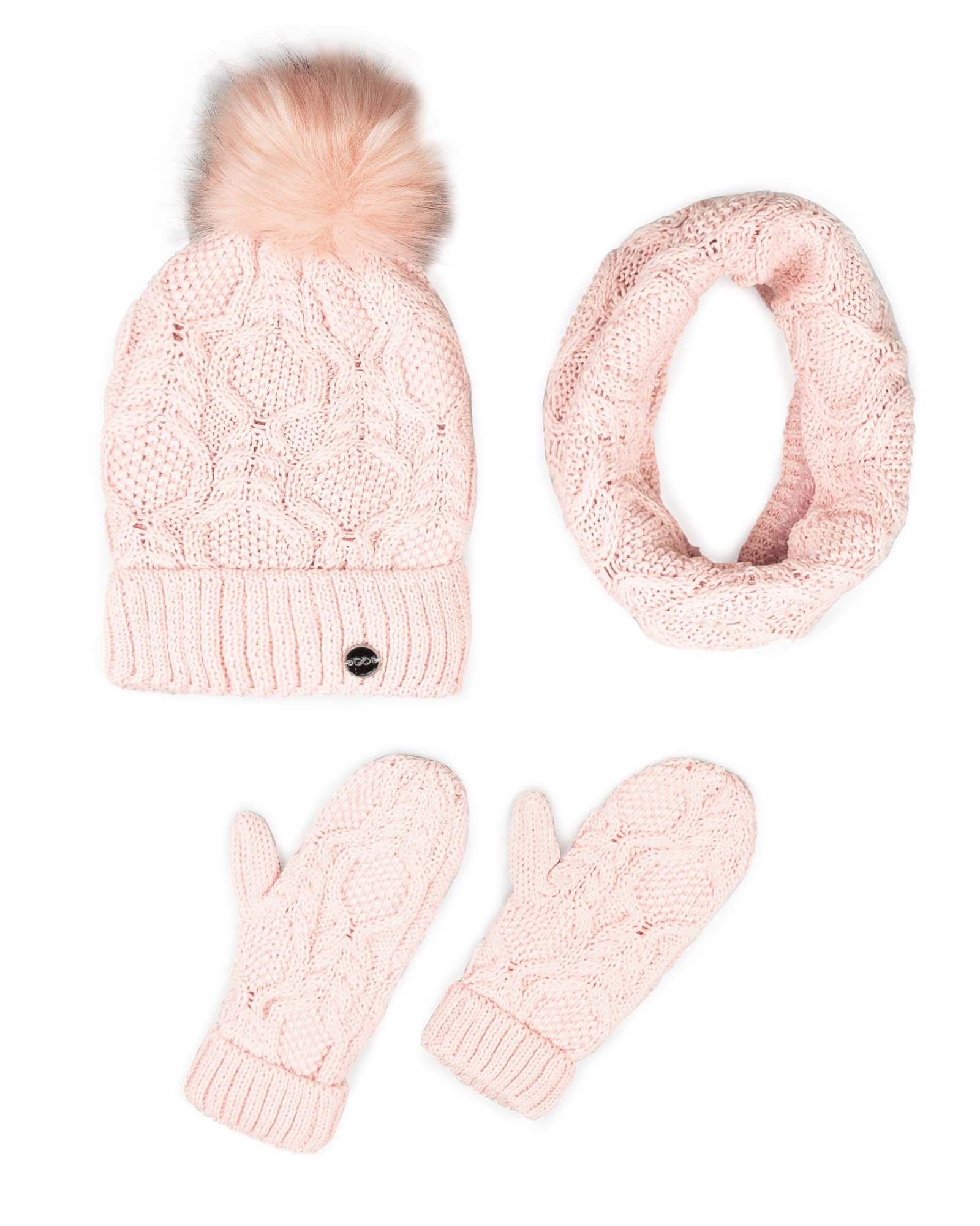 ست شال و کلاه و دستکش بچگانه 65033 - صورتی پاستیلی