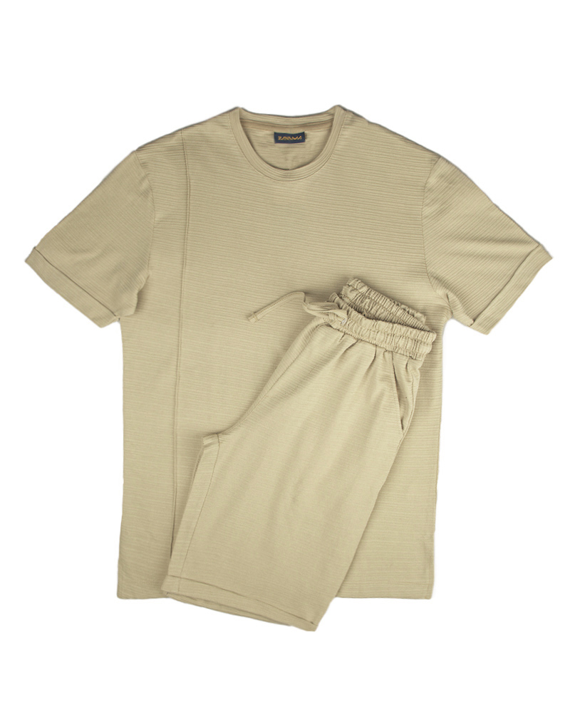 ست تیشرت و شلوارک مردانه 021191 - کرمی سیر