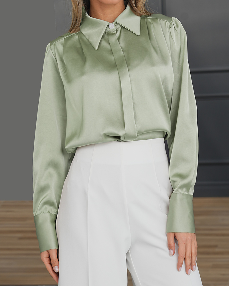 شومیز ساتن زنانه ساده 307335 - سبز‌ پاستیلی