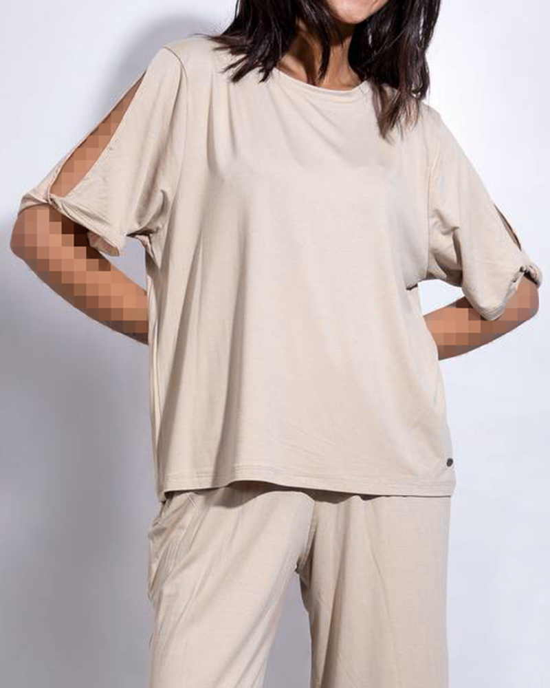 تیشرت آستین چاک دار زنانه 3022 - کرمی سیر