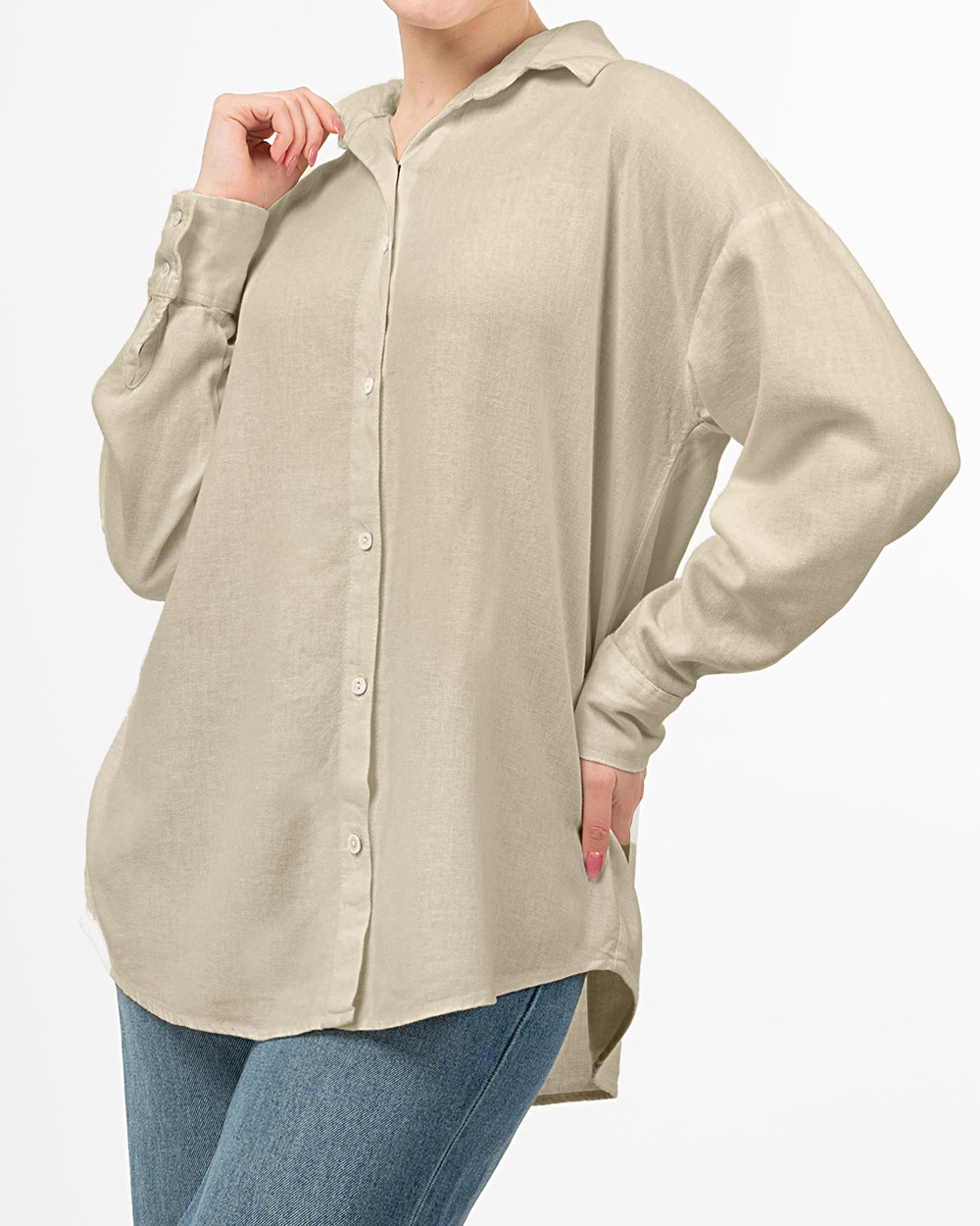 شومیز لینن ساده زنانه 6002438 - کرمی سیر