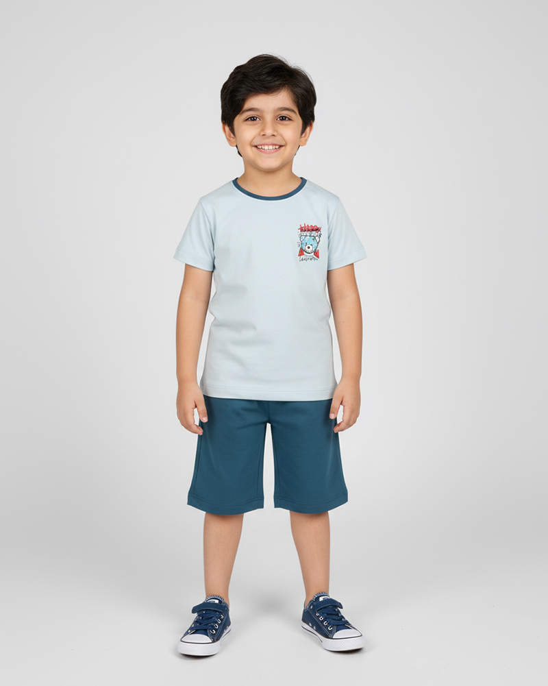 ست تیشرت و شلوارک خرسی پسرانه 1664 - سرمه‌ای تیره