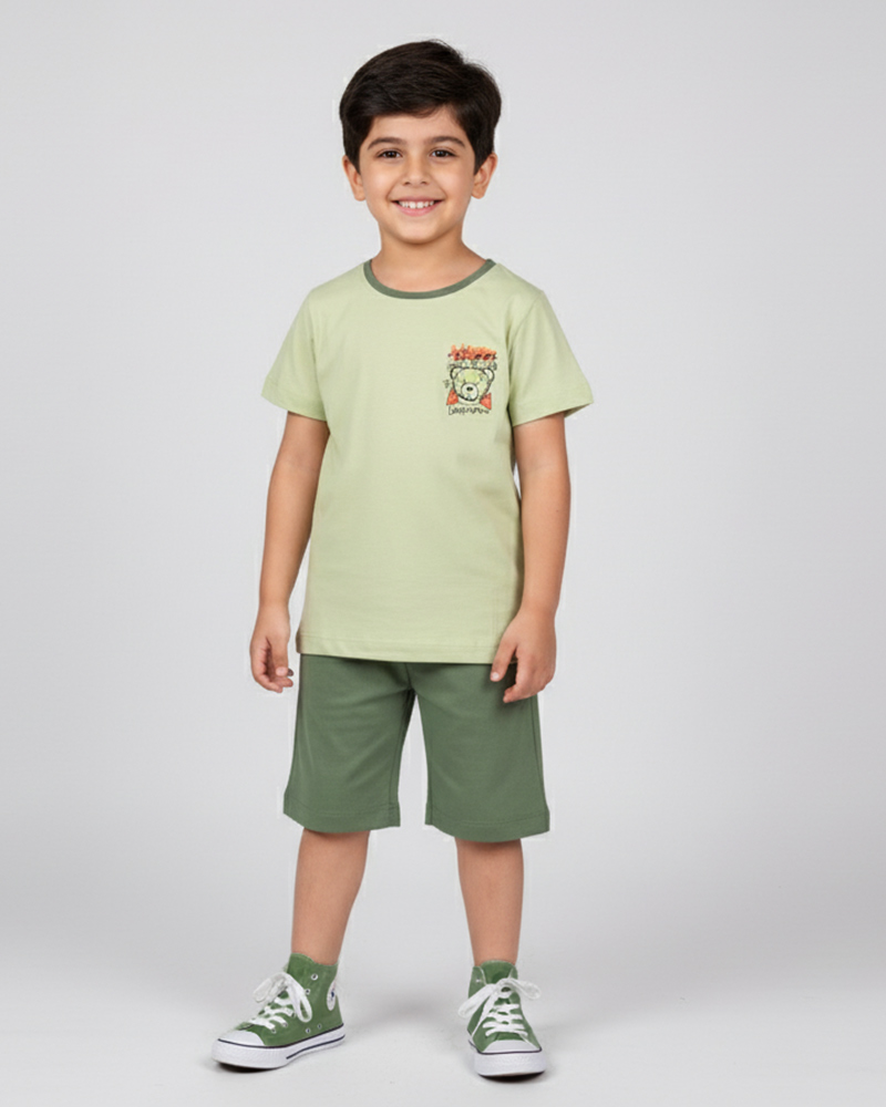 ست تیشرت و شلوارک خرسی پسرانه 1664 - زیتونى