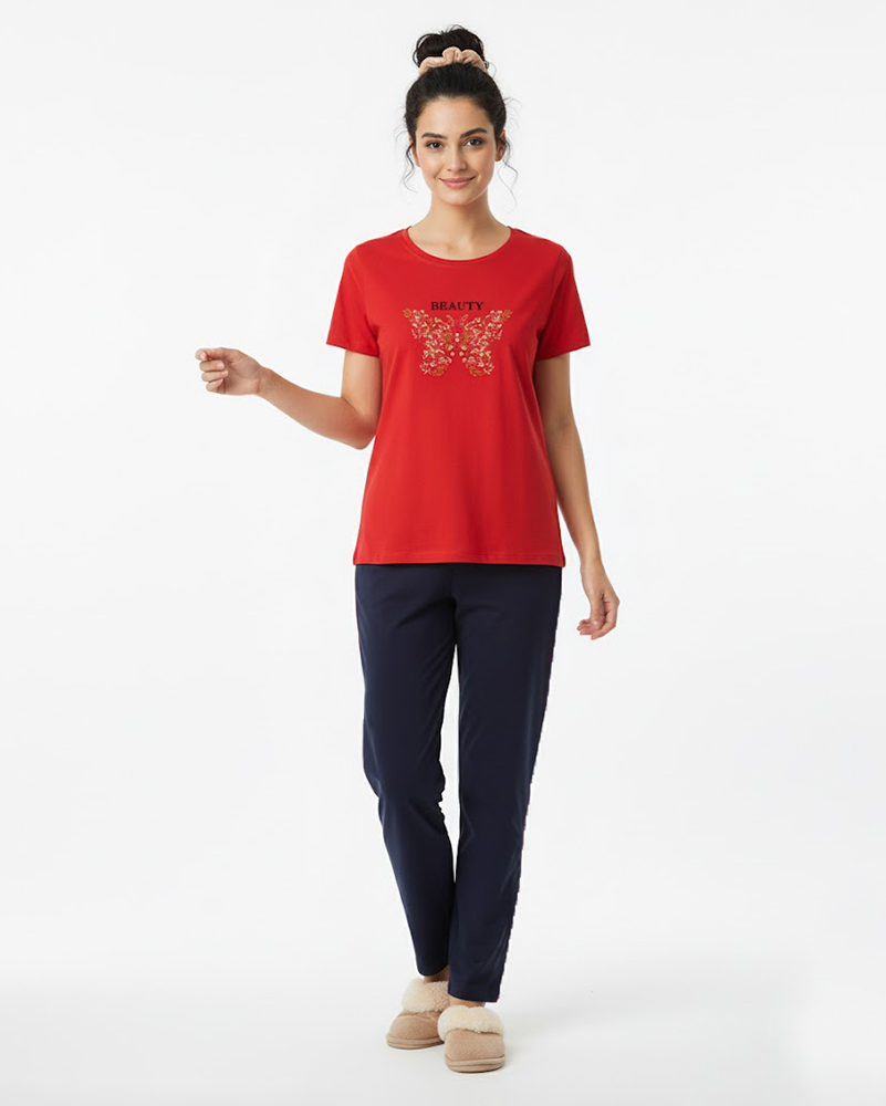 ست تیشرت و شلوار طرح پروانه زنانه 3890 - قرمز