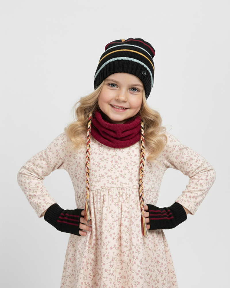 ست شال و کلاه و دستکش بچگانه 65024 - عنابی