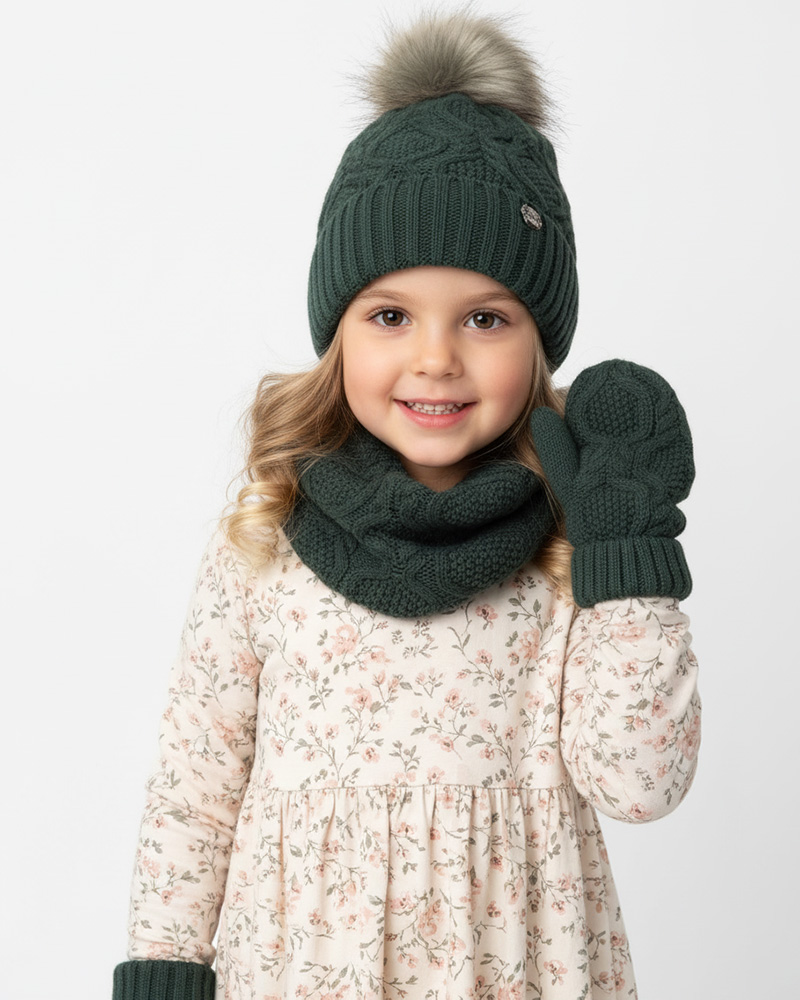 ست شال و کلاه و دستکش بچگانه 65033 - یشمی پررنگ