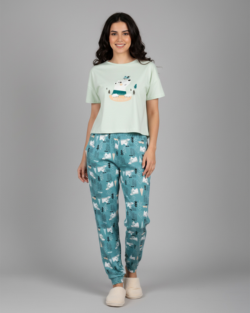 ست تیشرت و شلوار طرح خرس زنانه 3929 - سبز زمردی