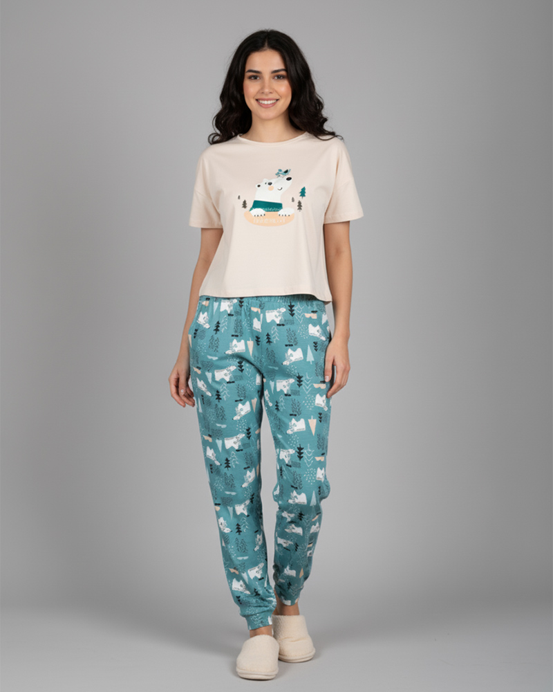 ست تیشرت و شلوار طرح خرس زنانه 3929 - هلویی سیر