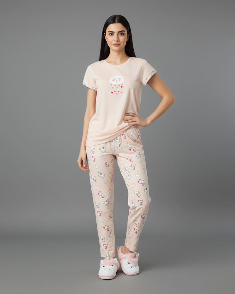 ست راحتی طرح یونیکورن زنانه 3931 - هلویی سیر