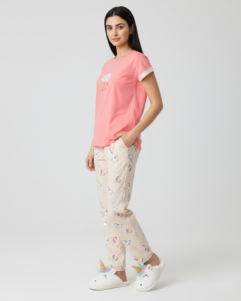 ست راحتی طرح یونیکورن زنانه 3931 - گلبهی