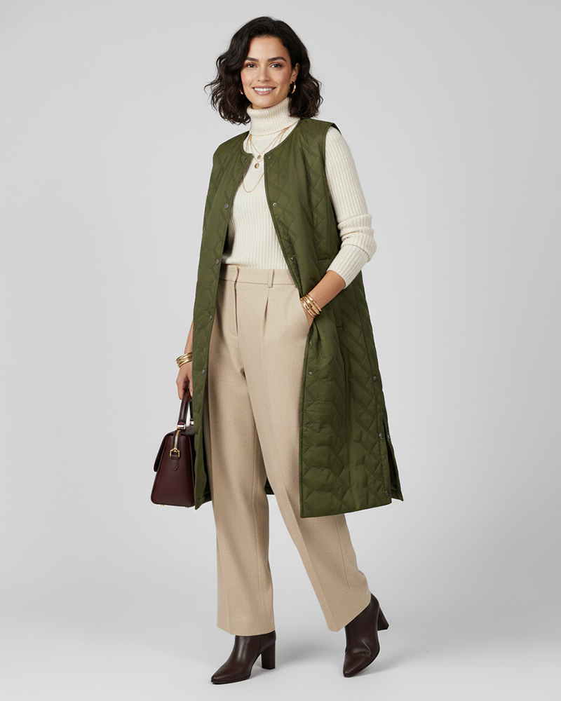 کاپشن پافر بلند زنانه 3042 - زیتونی سیر