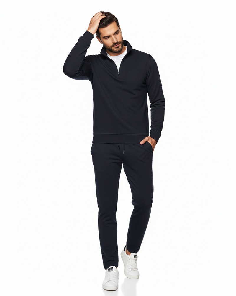 ست بلوز و شلوار دورس نخی مردانه 4133 - سرمه‌ای تیره