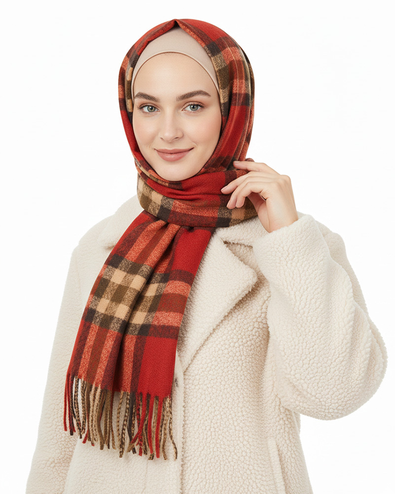 شال پشمی چهارخانه زنانه 5756 - زرشکی