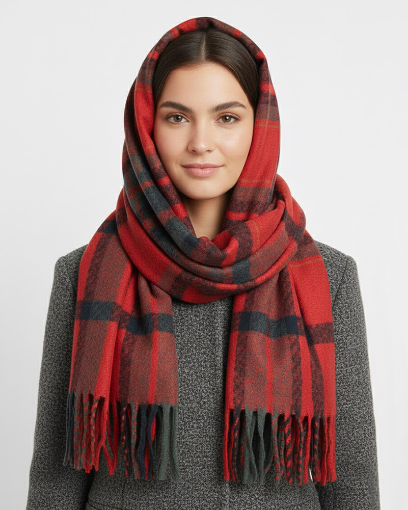 شال پشمی چهارخانه زنانه 5756 - شرابى