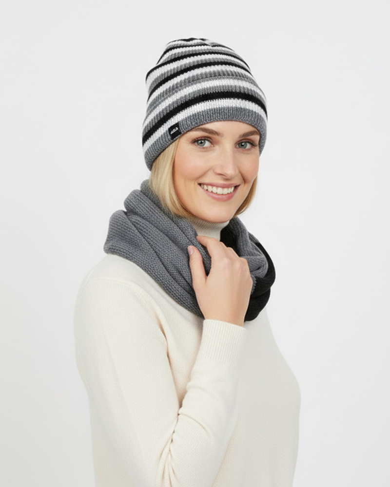 ست شال رینگی و کلاه راه راه 20121 - مشکی