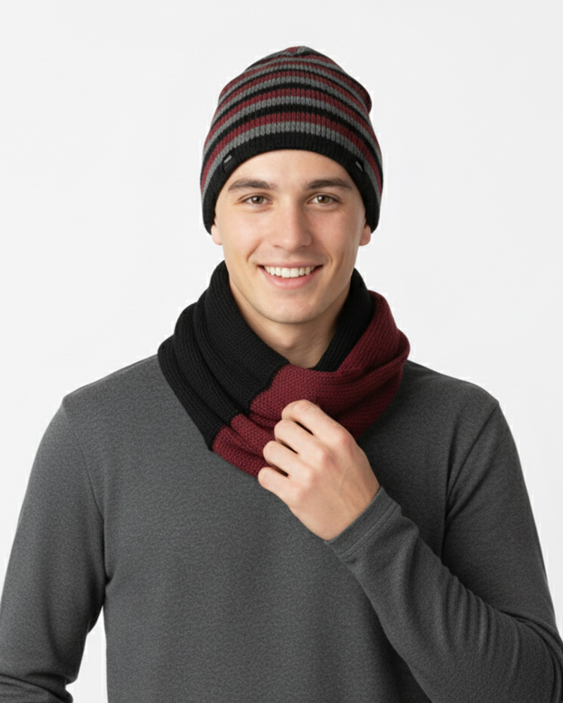 ست شال رینگی و کلاه راه راه 20121 - عنابی