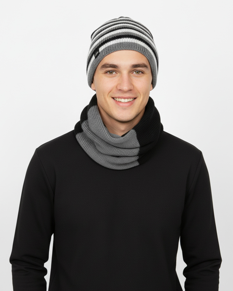 ست شال رینگی و کلاه راه راه 20121 - طوسی