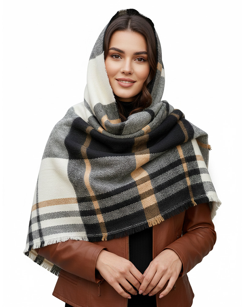 شال پشمی چهارخانه طیف کرم 5769 - مشکی