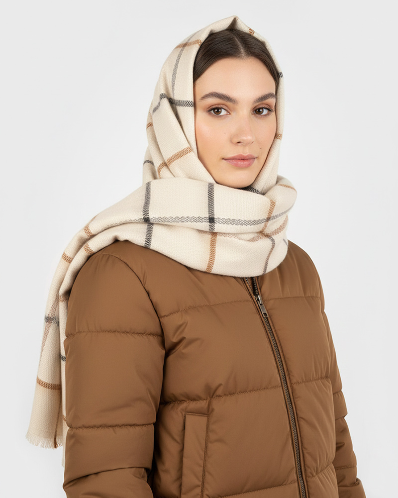 شال پشمی چهارخانه طیف کرم 5769 - کرمى