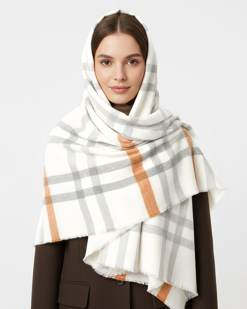 شال پشمی چهارخانه طیف کرم 5769 - خاکستری محو