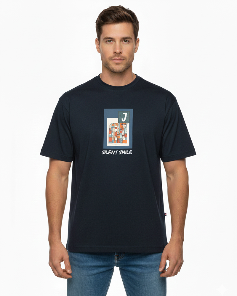 تیشرت طرح دار مردانه نخی 4019 - سرمه‌ای تیره