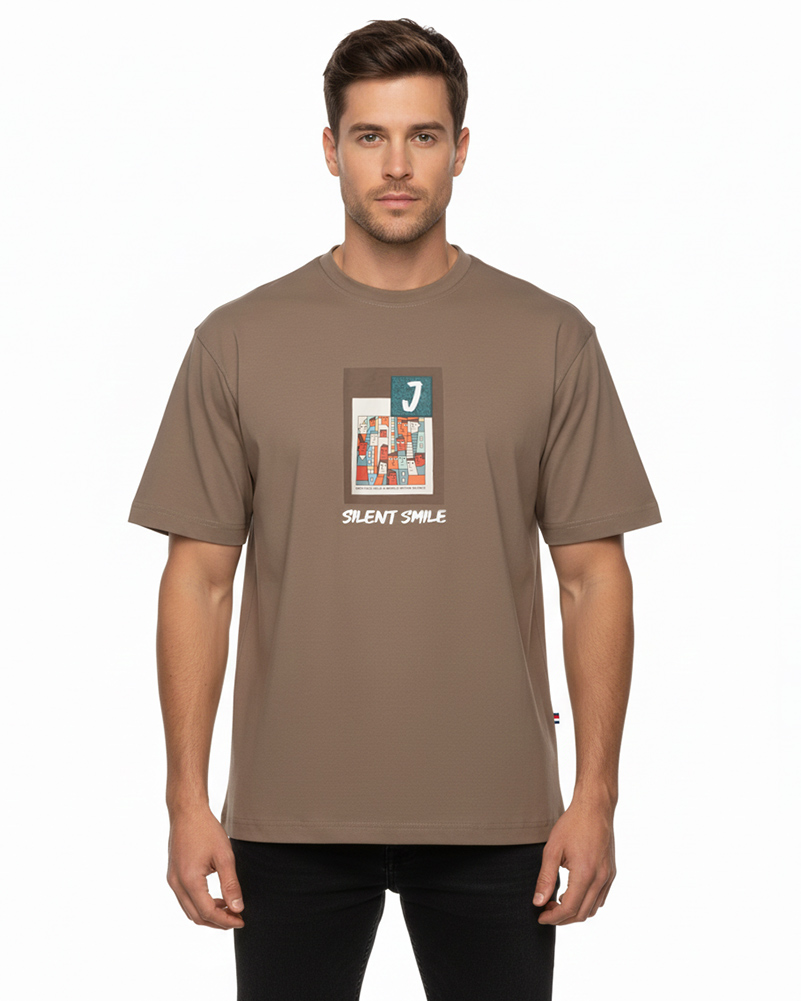 تیشرت طرح دار مردانه نخی 4019 - قهوه‌ای روشن