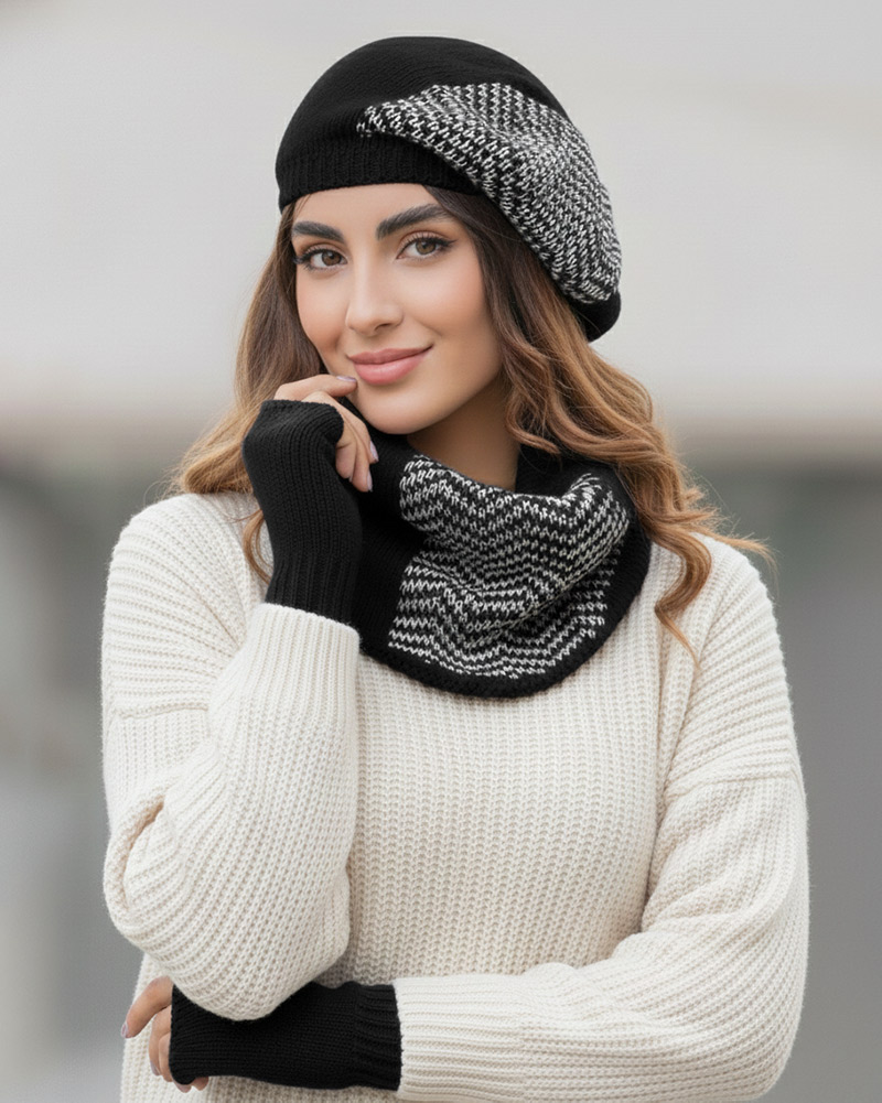 ست سه تکه شال و کلاه و دستکش 15107 - مشکی و سفید