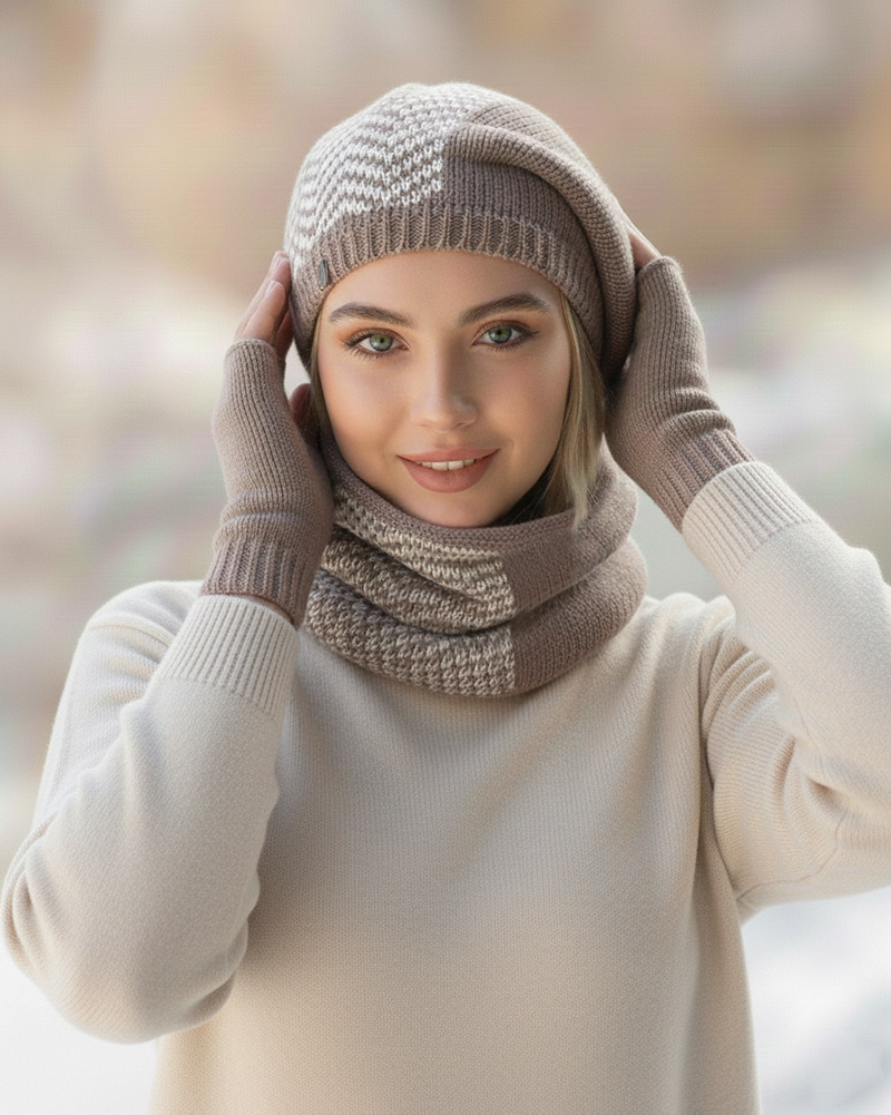 ست سه تکه شال و کلاه و دستکش 15107 - قهوه‌ای روشن