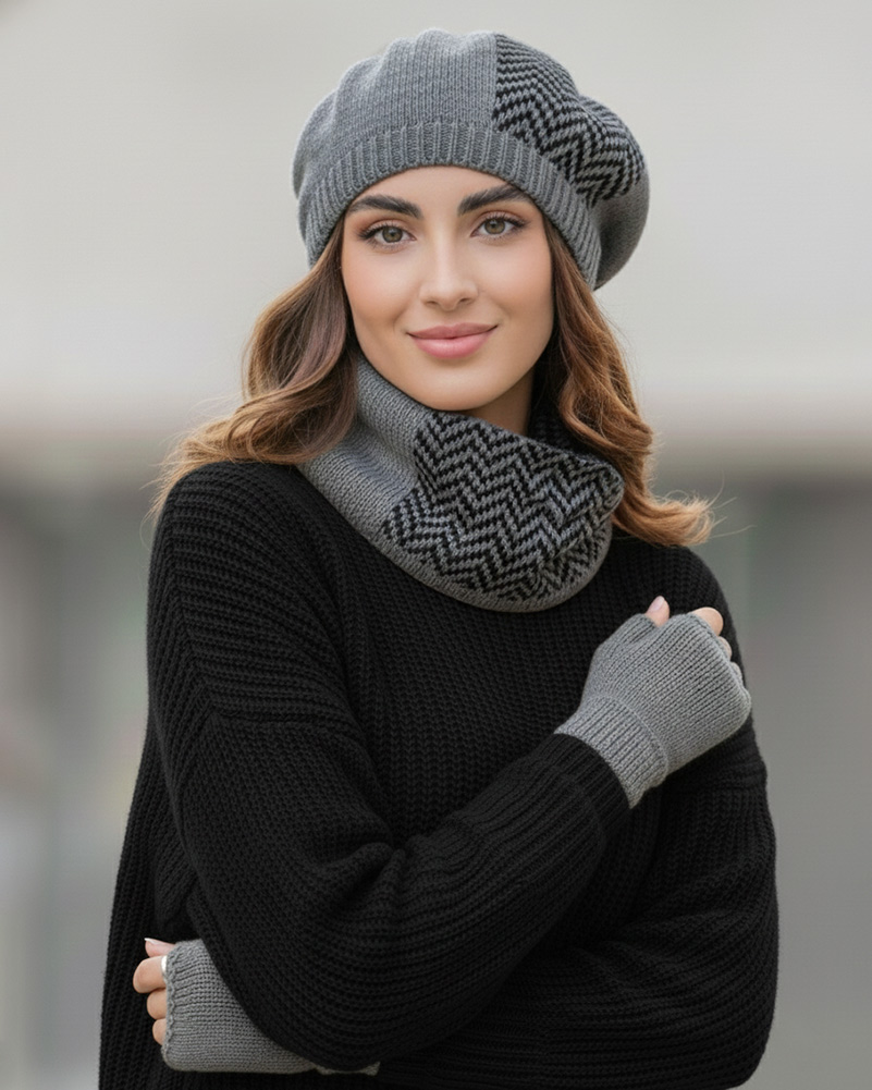 ست سه تکه شال و کلاه و دستکش 15107 - خاکستری تیره