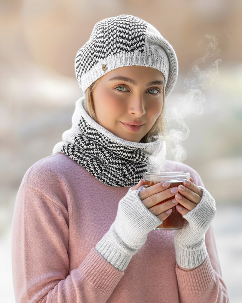 ست سه تکه شال و کلاه و دستکش 15107 - سفید