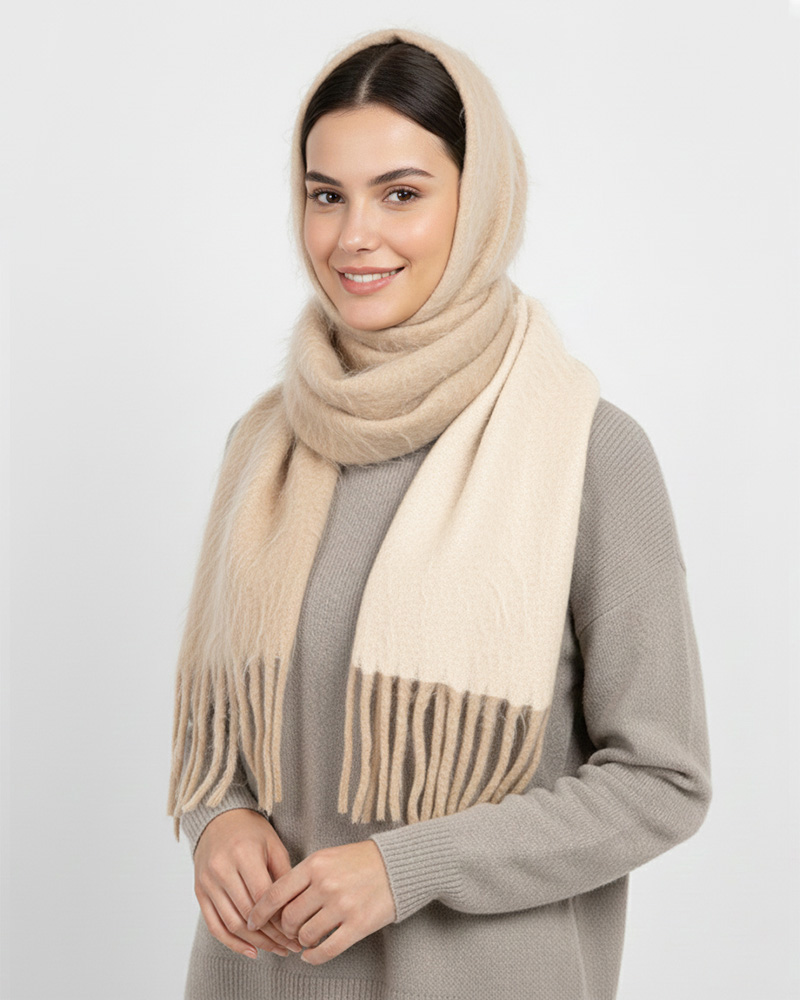 بیگ اسکارف موهر دو رنگ زنانه 5848 - کرمی سیر