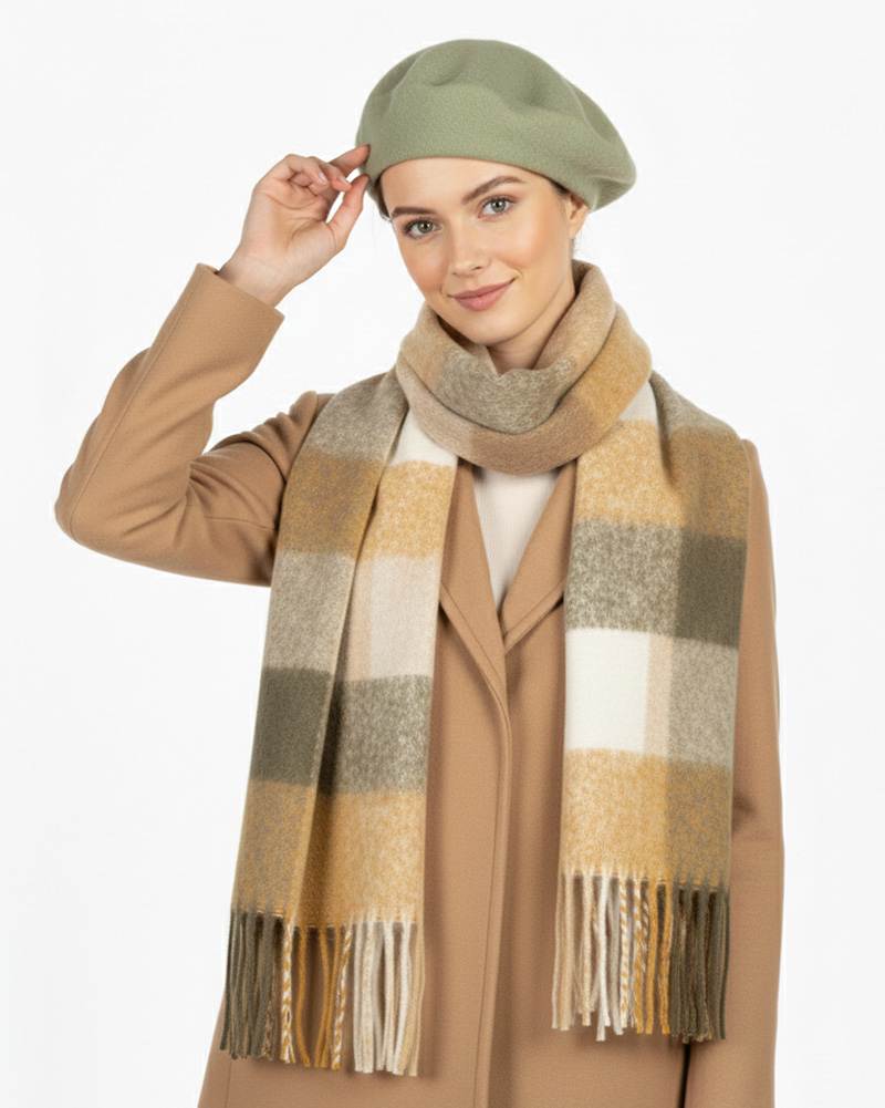 بیگ اسکارف پشمی چهارخانه زنانه 5743 - خاکی