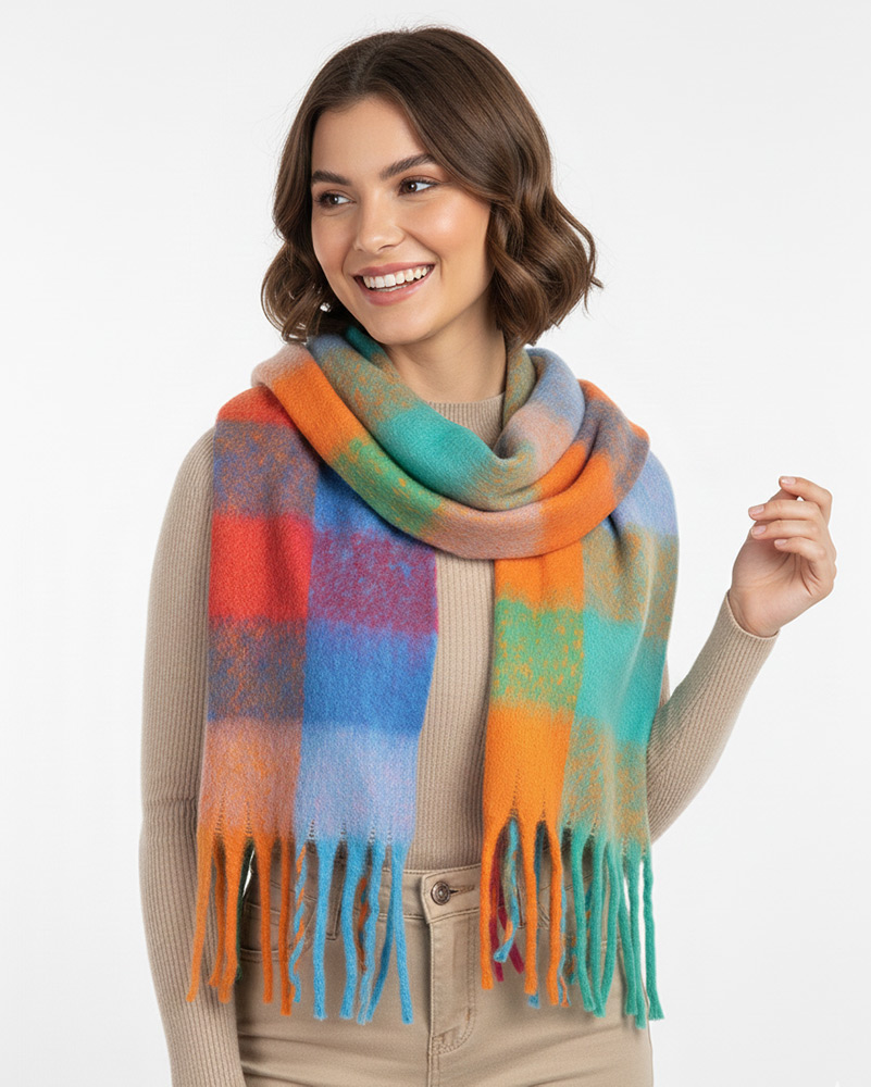 بیگ اسکارف پشمی چهارخانه زنانه 5743 - سرخابى