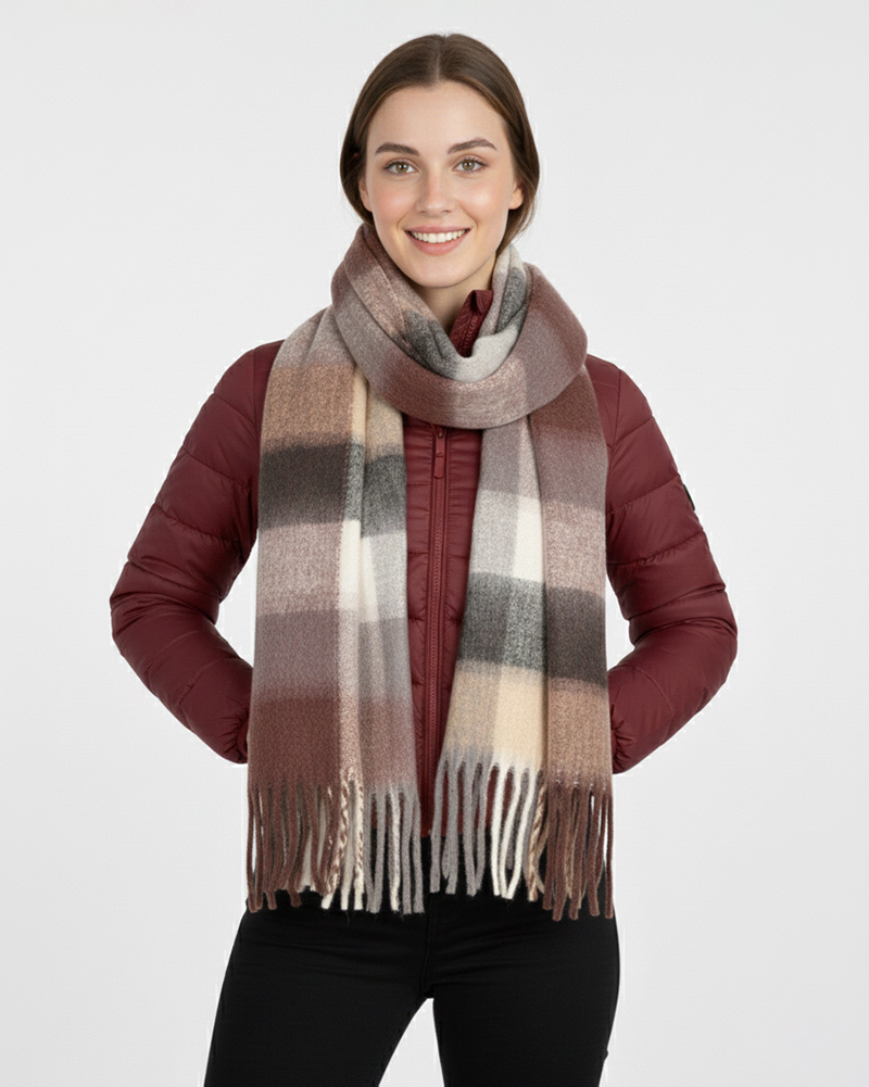 بیگ اسکارف پشمی چهارخانه زنانه 5743 - عنابی