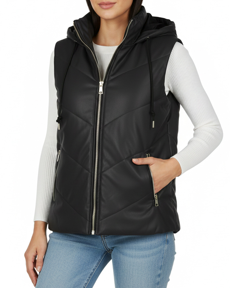 کاپشن پافر چرم زنانه 3036 - مشکی