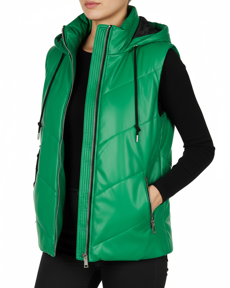 کاپشن پافر چرم زنانه 3036 - سبز چمنی