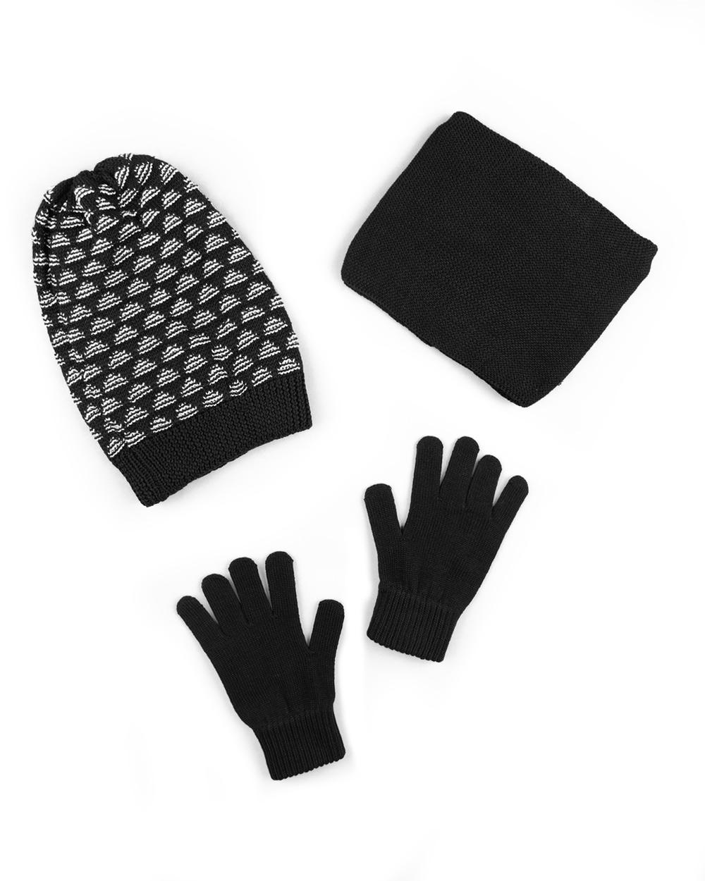 ست سه تکه شال و کلاه و دستکش بافت 0311 - مشکی و سفید