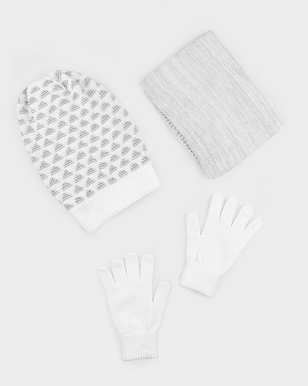 ست سه تکه شال و کلاه و دستکش بافت 0311 - طوسی کمرنگ