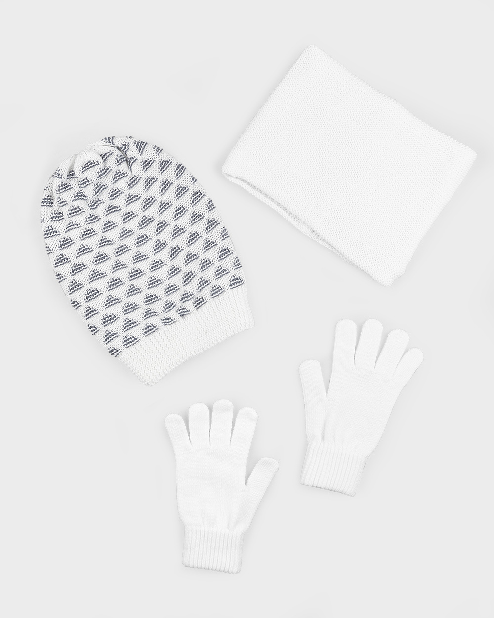 ست سه تکه شال و کلاه و دستکش بافت 0311 - سفید