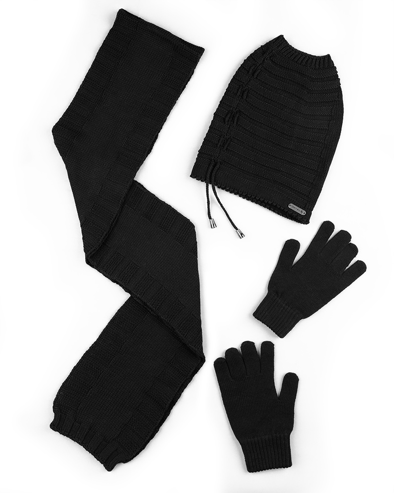 ست سه تکه شال و کلاه و دستکش 15117 - مشکی